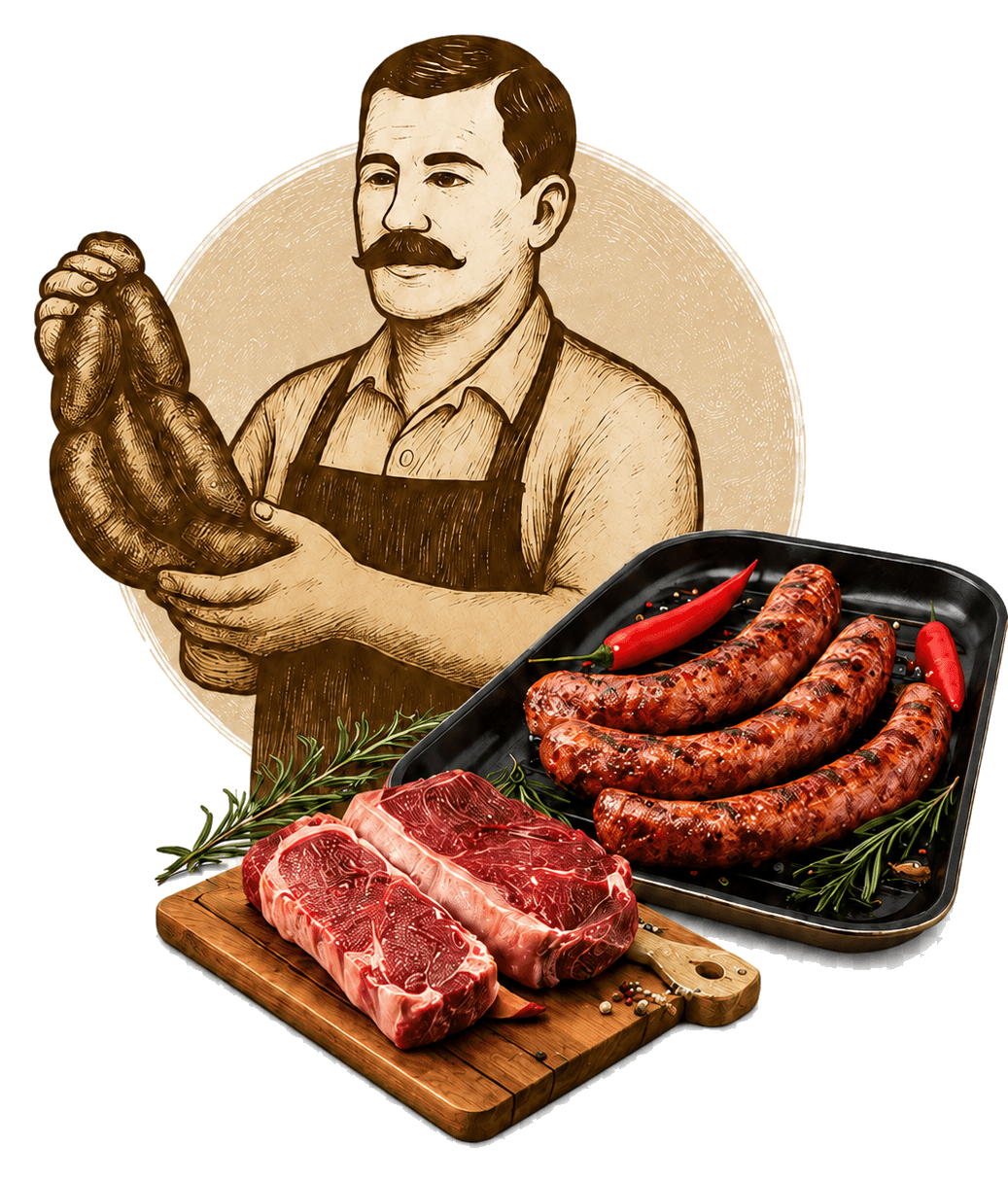 Ilustración del carnicero sosteniendo longanizas junto a una bandeja de longanizas a la parrilla y cortes de vacuno sobre tabla